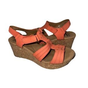Clarks Womens 8 Wedge Heels Sandals Coral Orange Strappy Summer Shoes Cork